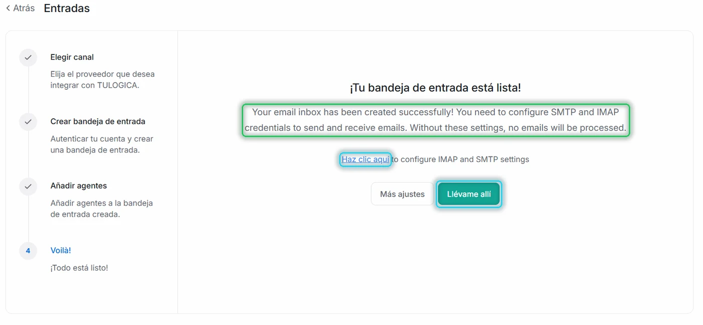 Pantalla final con el aviso de configurar IMAP y SMTP en verde y los enlaces Haz clic aquí y Llévame allí
