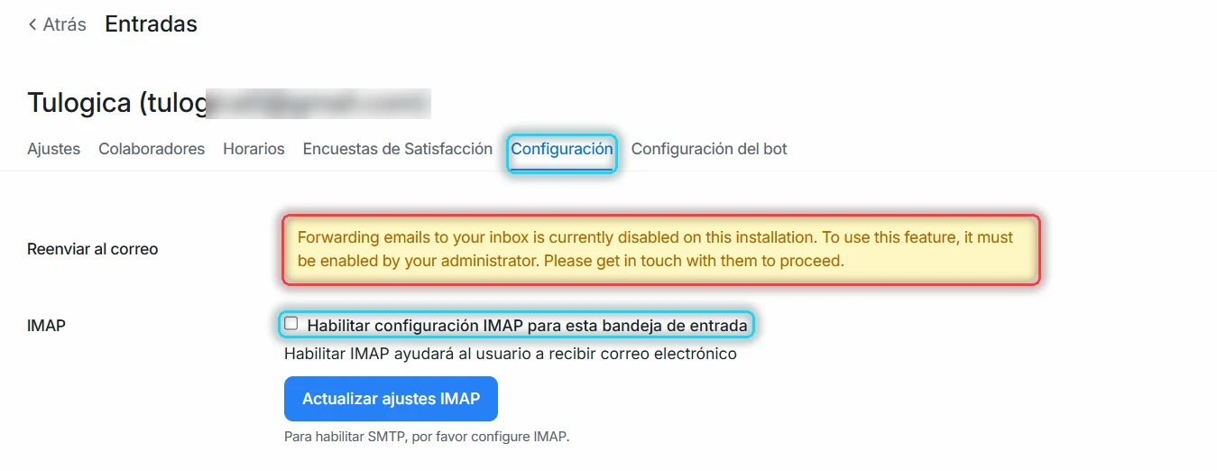 Pestaña Configuración con la casilla de IMAP señalada y el aviso de reenvío en rojo