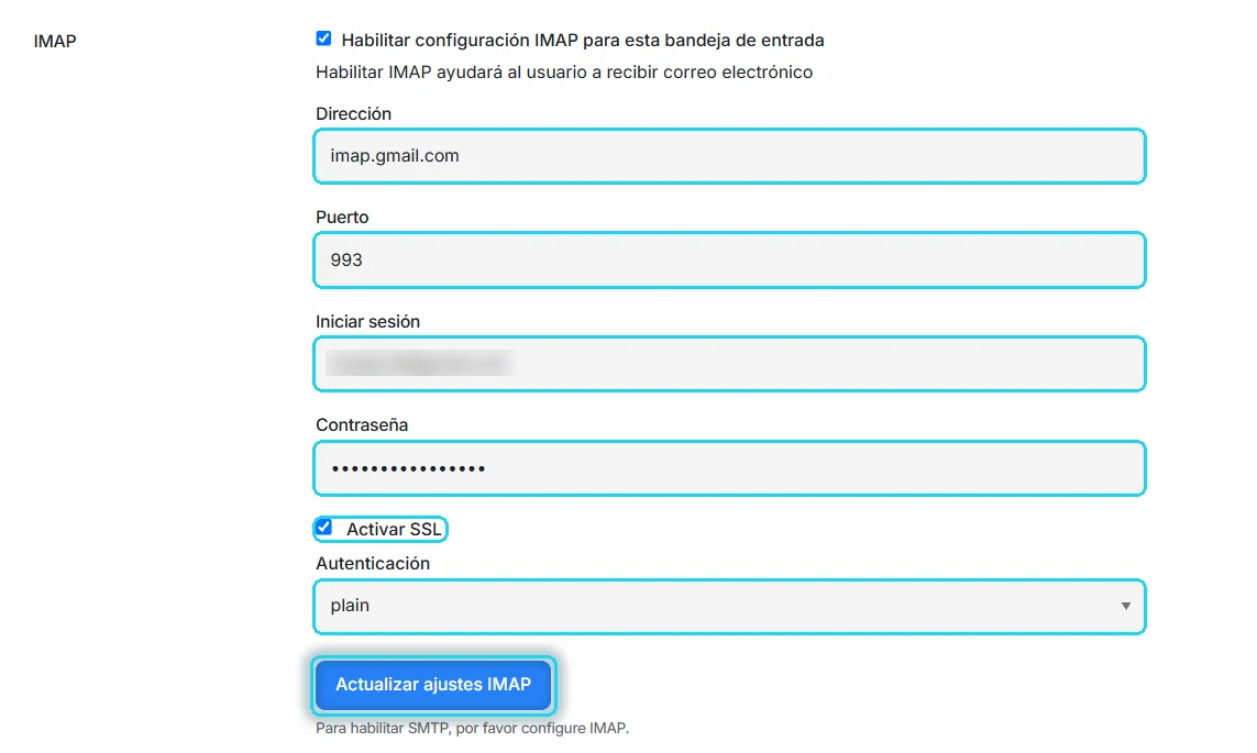 Formulario IMAP con Dirección, Puerto, Iniciar sesión, Contraseña, Activar SSL y Autenticación señalados