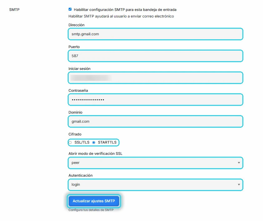 Formulario SMTP con sus campos y el botón Actualizar ajustes SMTP señalados