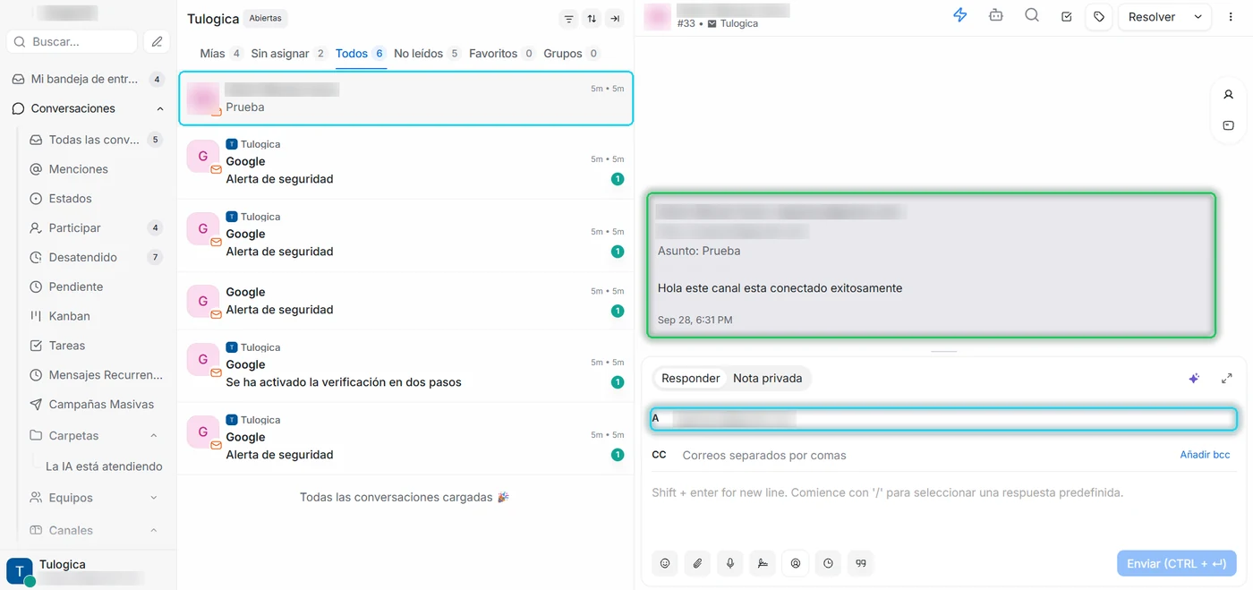 Bandeja de email en Tulogica: el correo de prueba en la lista, el remitente, el asunto y el texto en verde y el campo A de la respuesta en cian