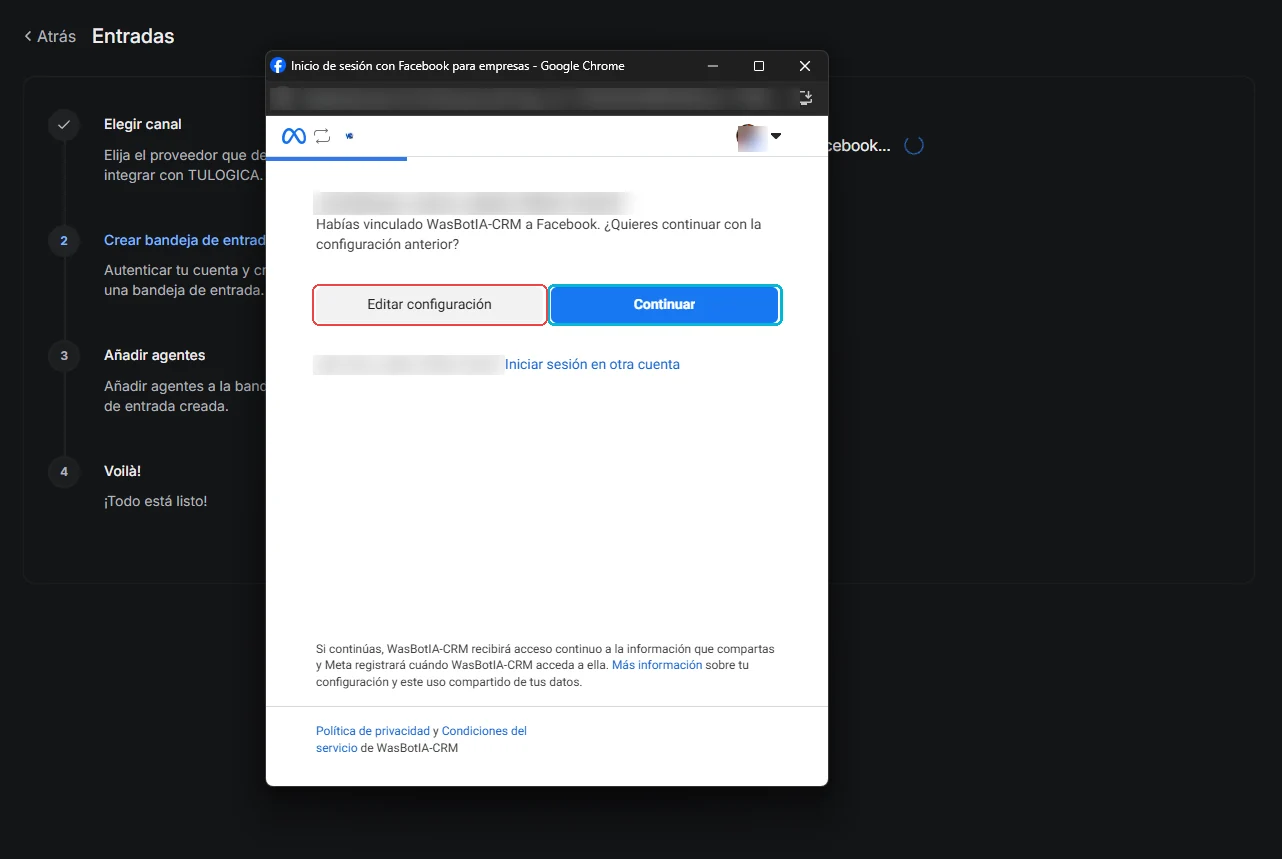 Ventana de Facebook ofreciendo continuar con la configuración anterior