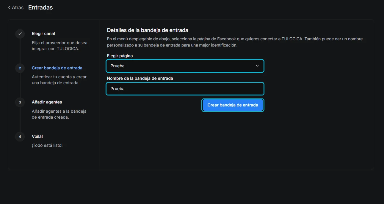 Formulario para elegir la página de Facebook y nombrar la bandeja de entrada