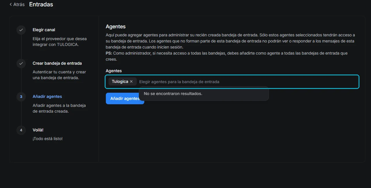Pantalla de asignación de agentes a la bandeja recién creada
