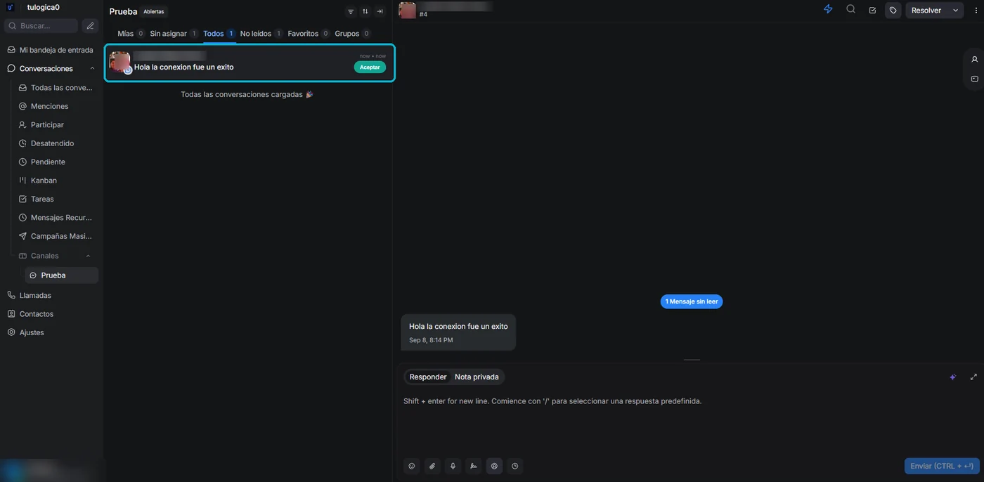 Bandeja de conversaciones con un mensaje de Messenger recibido