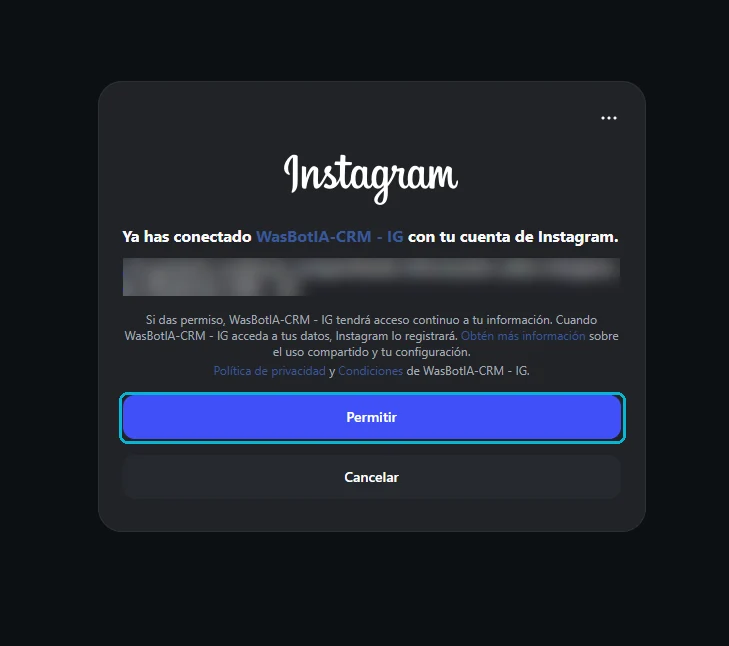 Ventana de Instagram pidiendo autorización, con el botón Permitir señalado