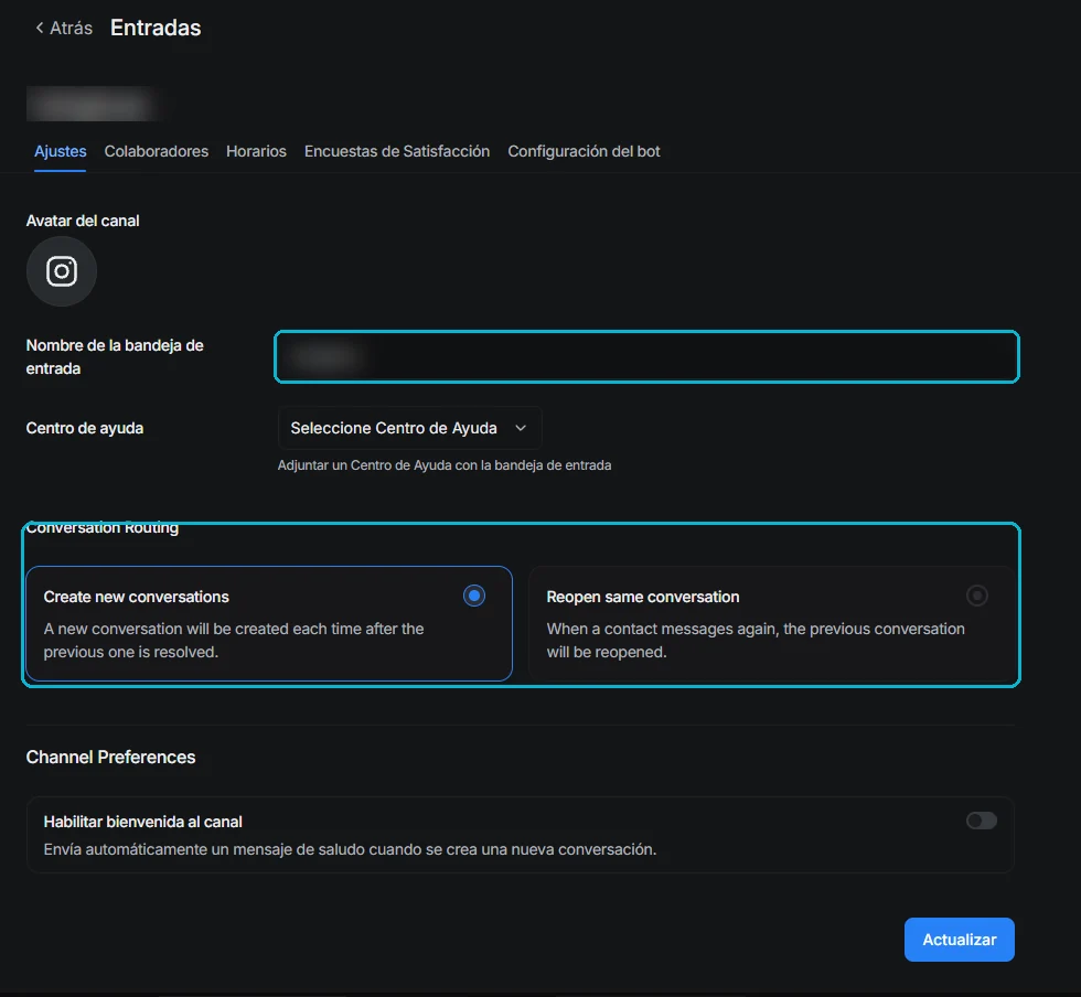 Ajustes de la bandeja de Instagram, con el nombre y las opciones de agrupación señalados