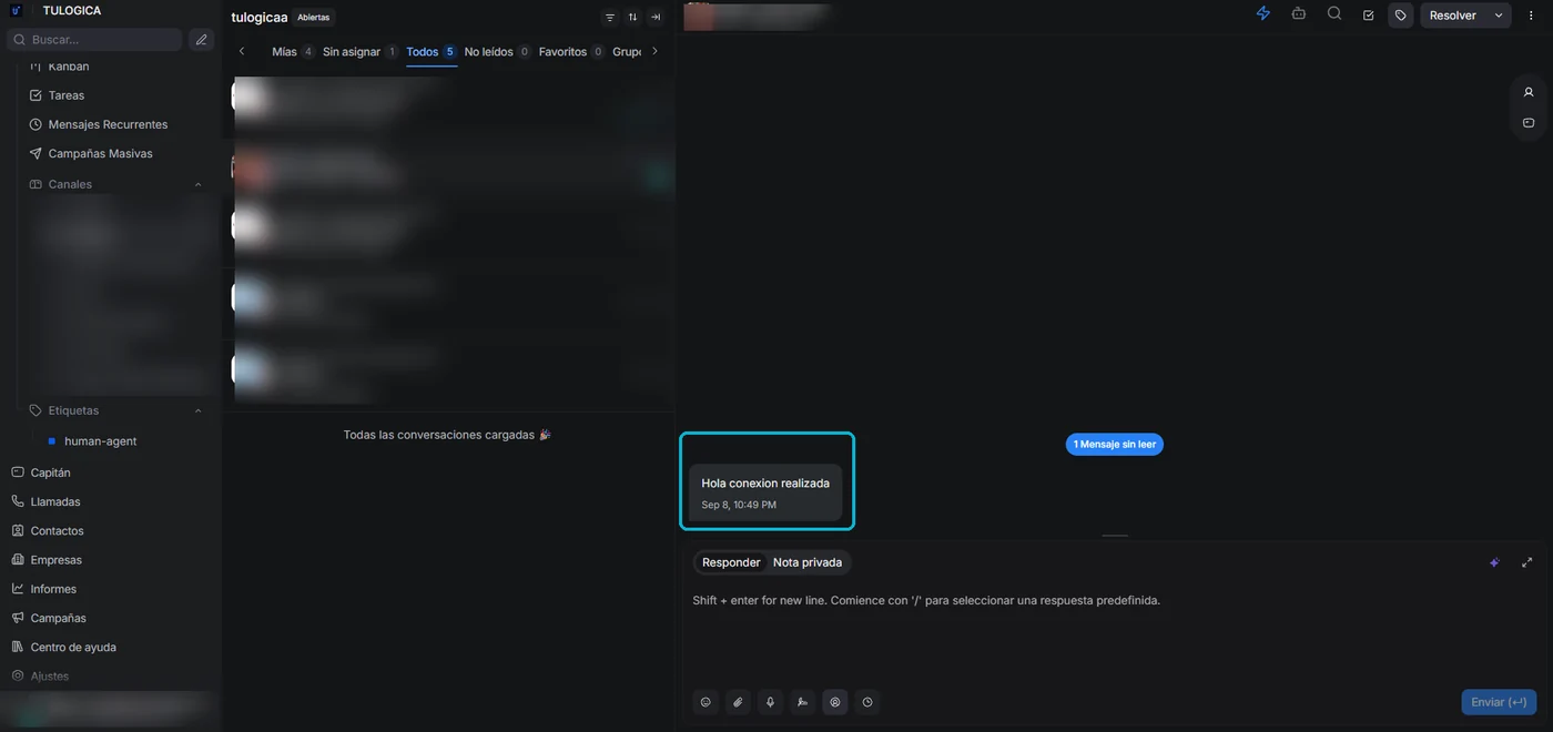 Bandeja de conversaciones con un mensaje directo de Instagram recibido