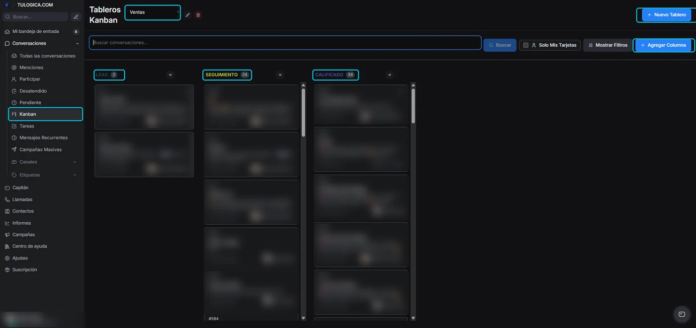 Tablero Kanban con columnas y los controles principales señalados