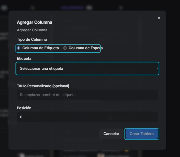 Formulario para agregar una columna, con los campos principales señalados