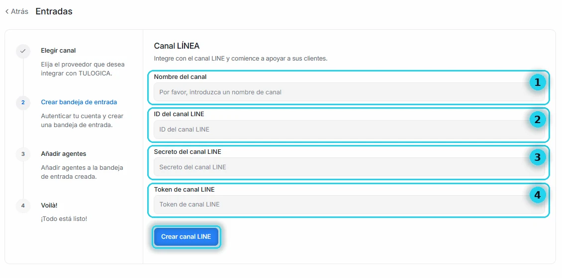 Formulario Canal LÍNEA con los cuatro campos numerados y el botón Crear canal LINE señalado