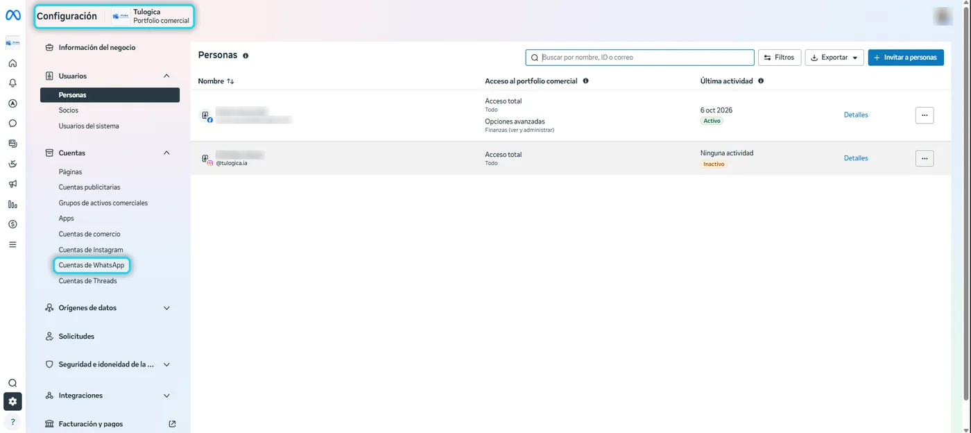 Configuración del portafolio comercial de Meta con el nombre del portafolio y la opción Cuentas de WhatsApp señalados