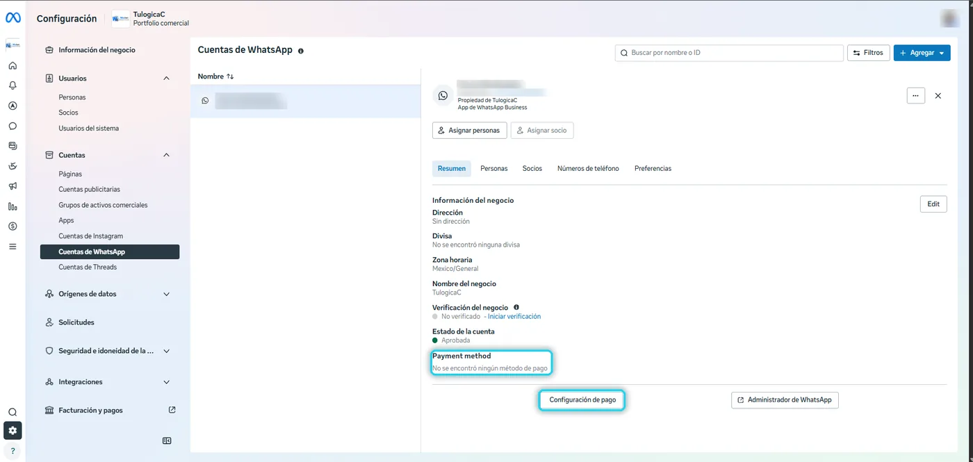 Panel de la cuenta de WhatsApp con Payment method y el botón Configuración de pago señalados