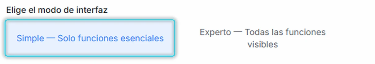 Selector de modo de interfaz con la opción Simple resaltada