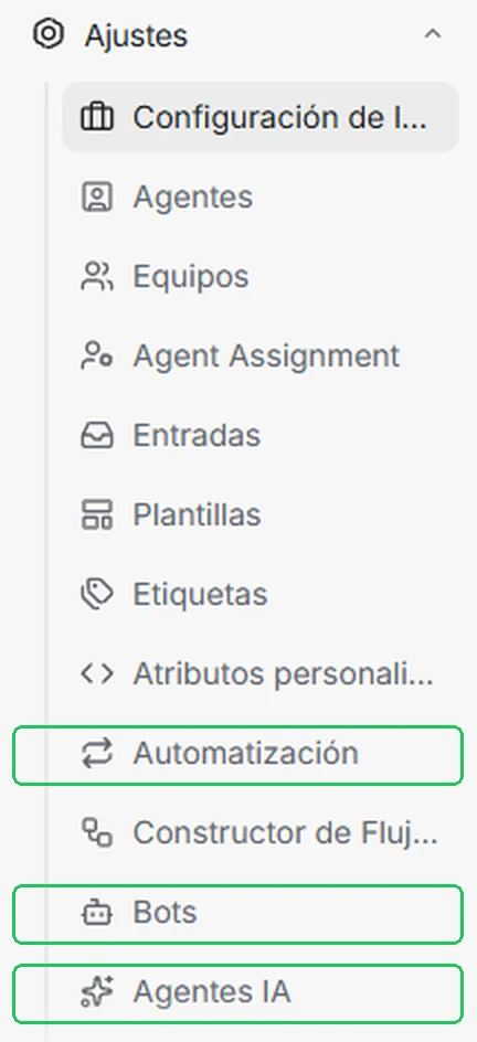 Submenú de Ajustes en modo Experto con Automatización, Bots y Agentes IA señalados