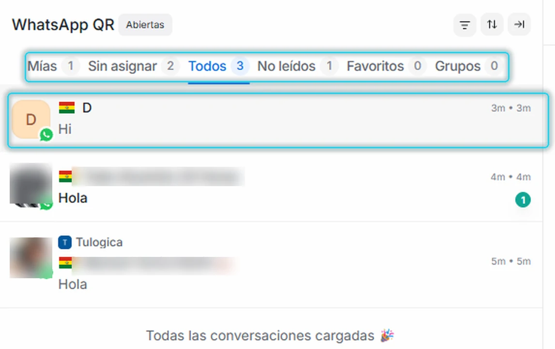 Lista de conversaciones con la fila de filtros y una conversación señaladas