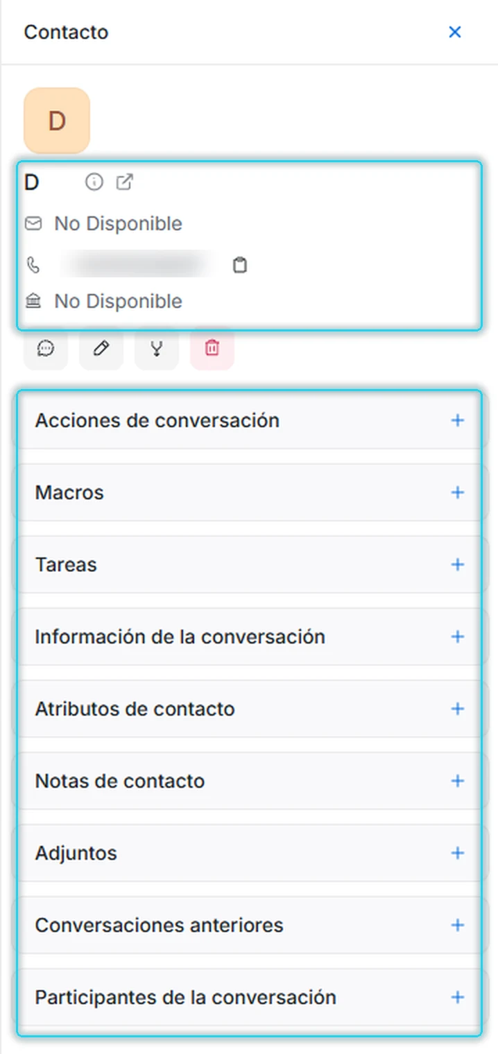 Panel de contacto con los datos y las secciones desplegables señalados