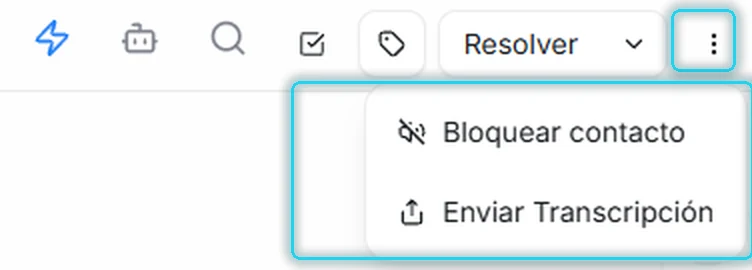Menú de tres puntos abierto con Bloquear contacto y Enviar Transcripción