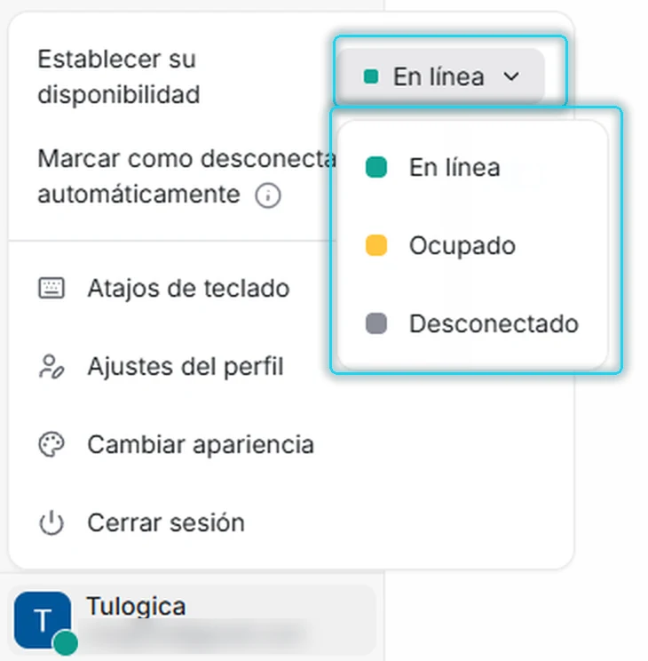 Menú de disponibilidad desplegado con los estados En línea, Ocupado y Desconectado