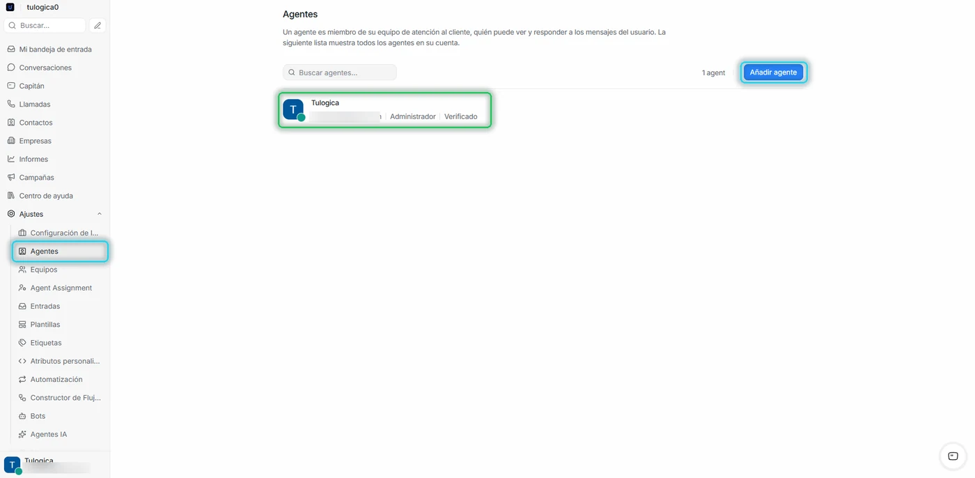 Lista de agentes con el menú Agentes, el botón Añadir agente y la ficha de un agente señalados