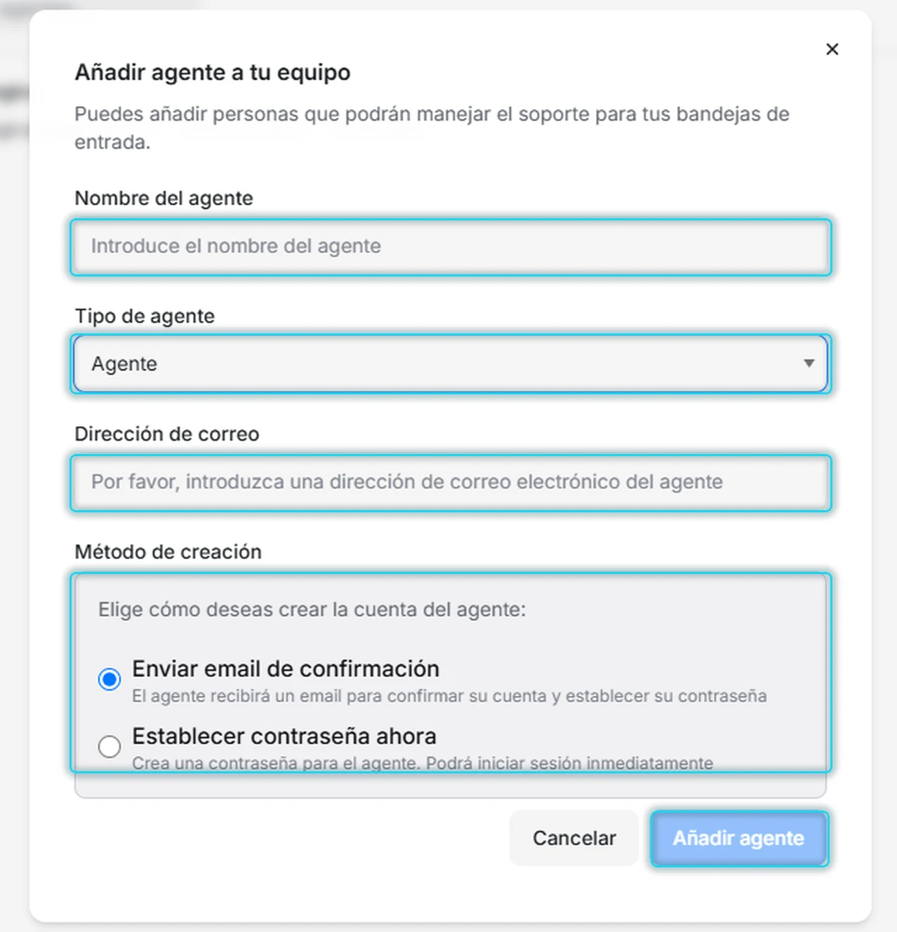 Formulario para añadir un agente con nombre, tipo, correo, método de creación y el botón Añadir agente señalados