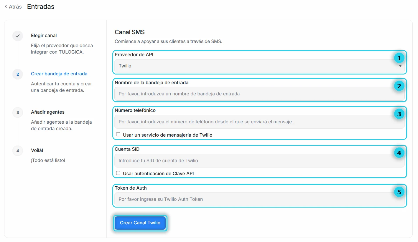 Formulario Canal SMS con sus cinco campos numerados y el botón Crear Canal Twilio señalado