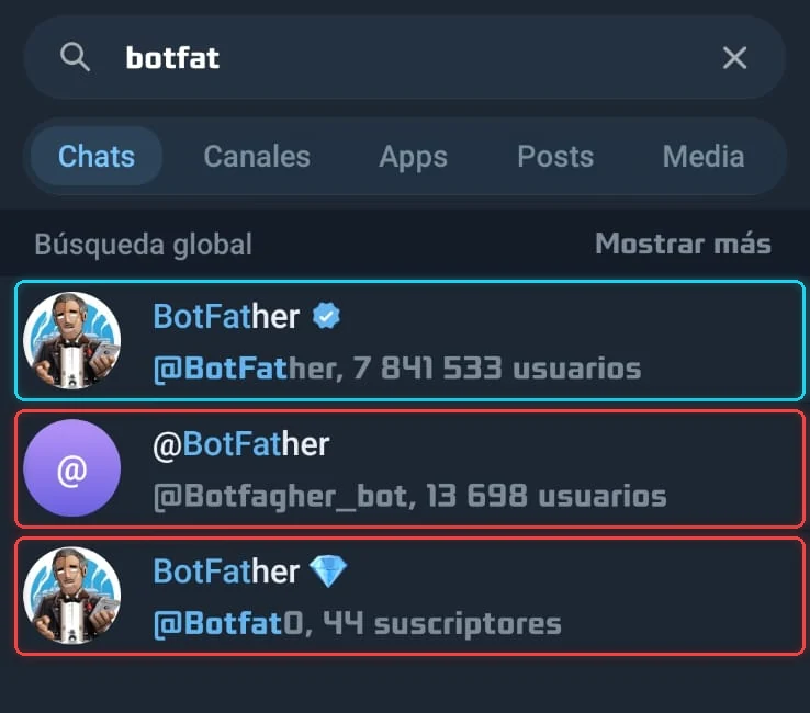 Búsqueda de BotFather en Telegram: el oficial con marca azul señalado en cian y dos imitaciones señaladas en rojo