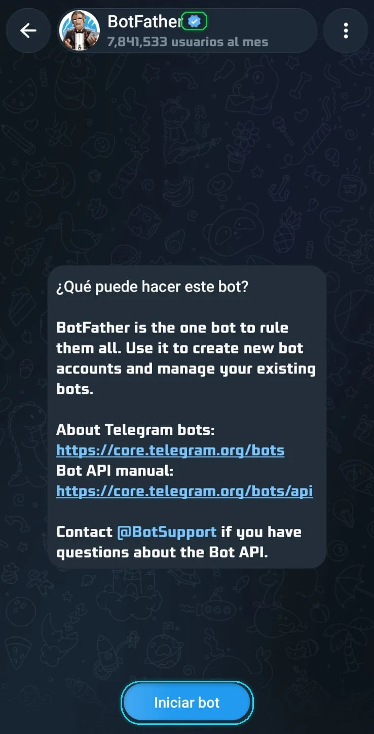Chat de BotFather con la marca de verificación y el botón Iniciar bot señalados