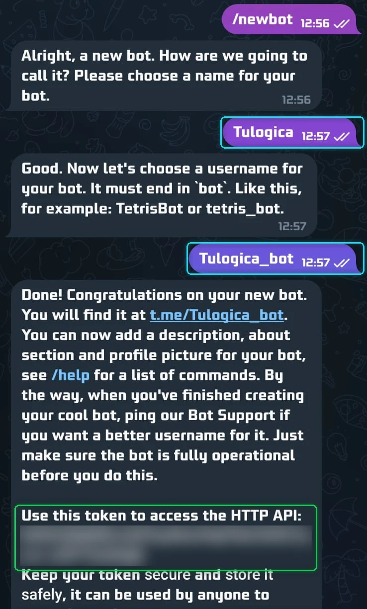 Conversación con BotFather: el nombre y el usuario enviados en cian y el token en verde, difuminado