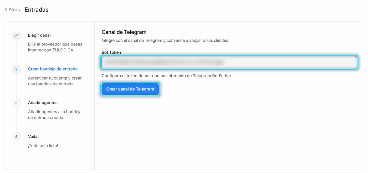 Formulario Canal de Telegram con el campo Bot Token y el botón Crear canal de Telegram señalados