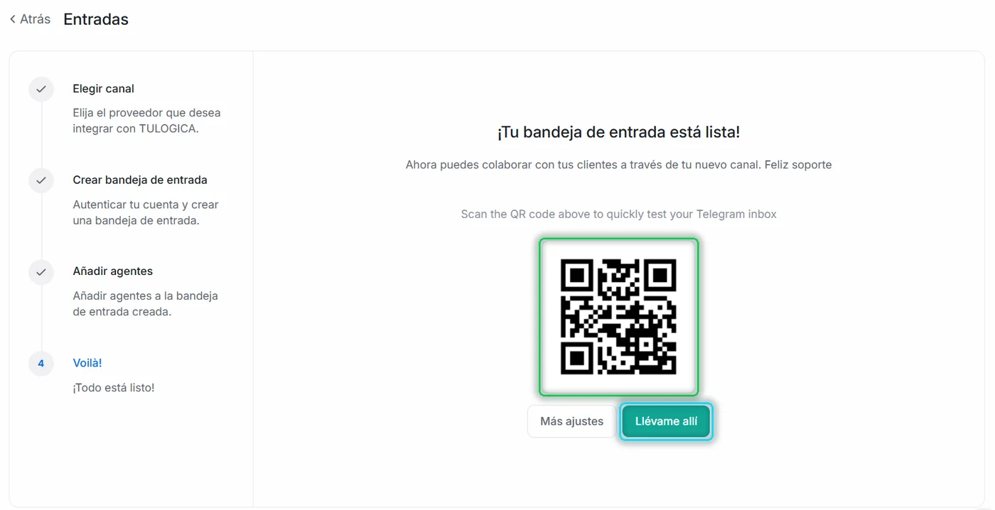 Pantalla final con el código QR de prueba en verde y el botón Llévame allí en cian