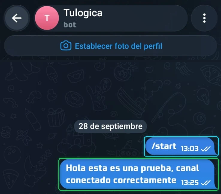 Chat con el bot en el celular: el /start y el mensaje de prueba