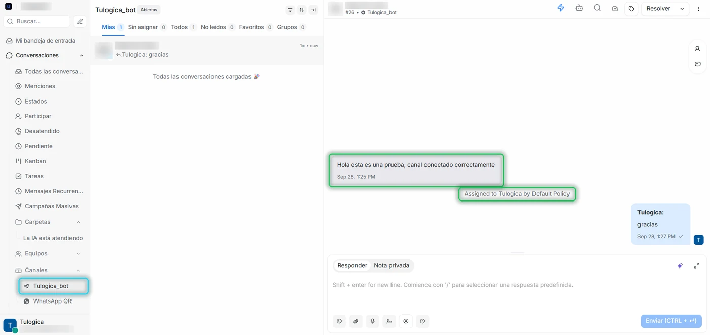 Conversación de Telegram en Tulogica: la bandeja en el menú, el mensaje recibido y el aviso de asignación