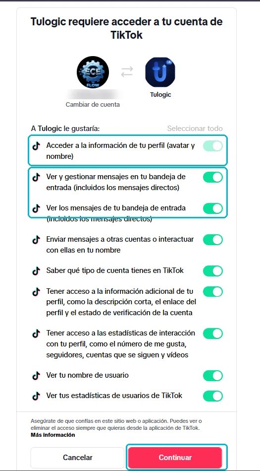 Ventana de autorización de TikTok con la lista de permisos y el botón Continuar señalados