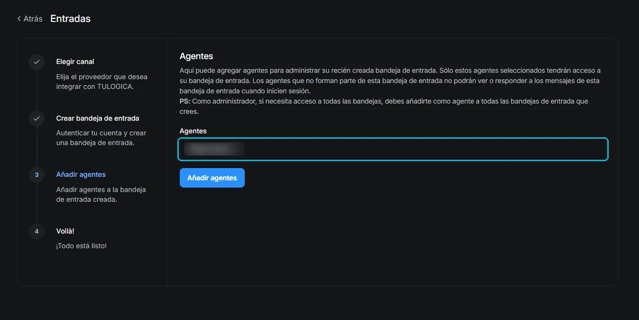 Pantalla de asignación de agentes a la bandeja recién creada