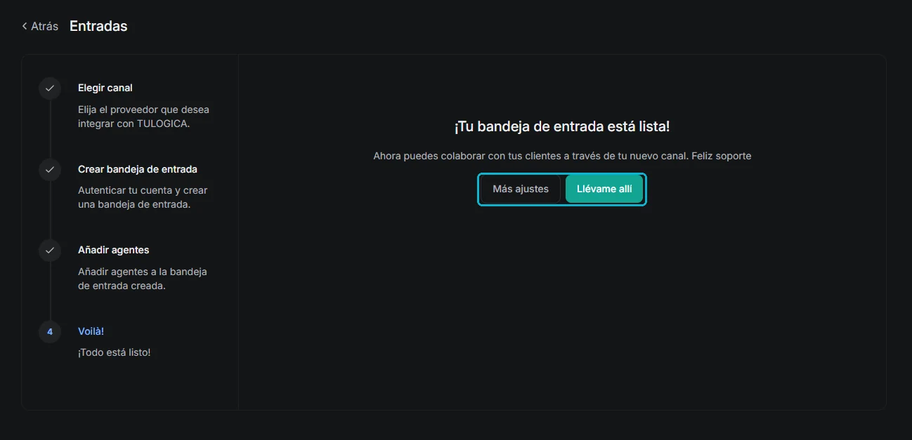 Pantalla final de confirmación con los botones Más ajustes y Llévame allí