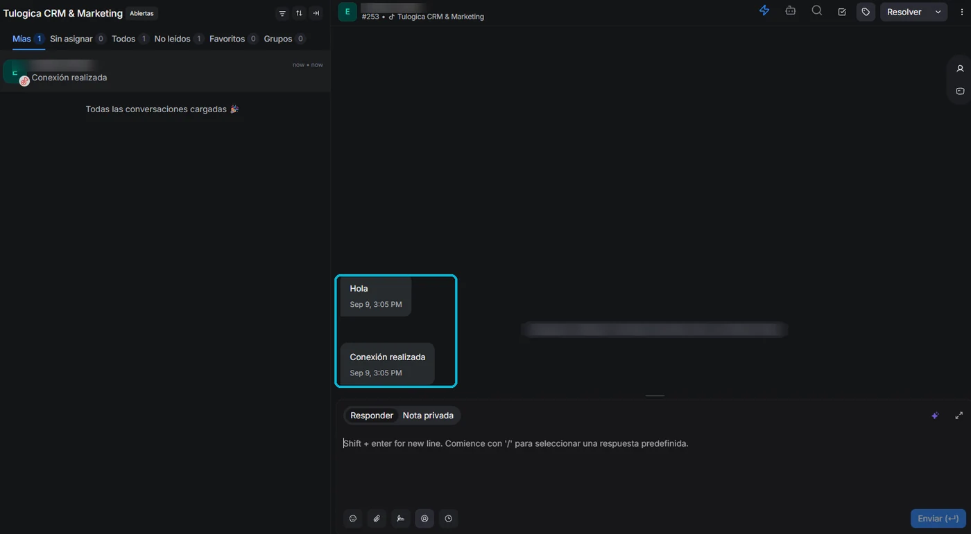 Bandeja de conversaciones con un mensaje directo de TikTok recibido