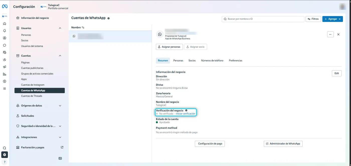 Panel de la cuenta de WhatsApp con Verificación del negocio: No verificado e Iniciar verificación señalados