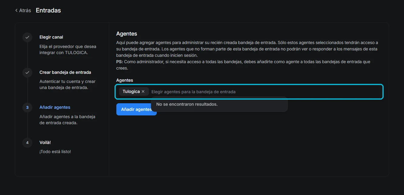 Pantalla de asignación de agentes a la bandeja recién creada