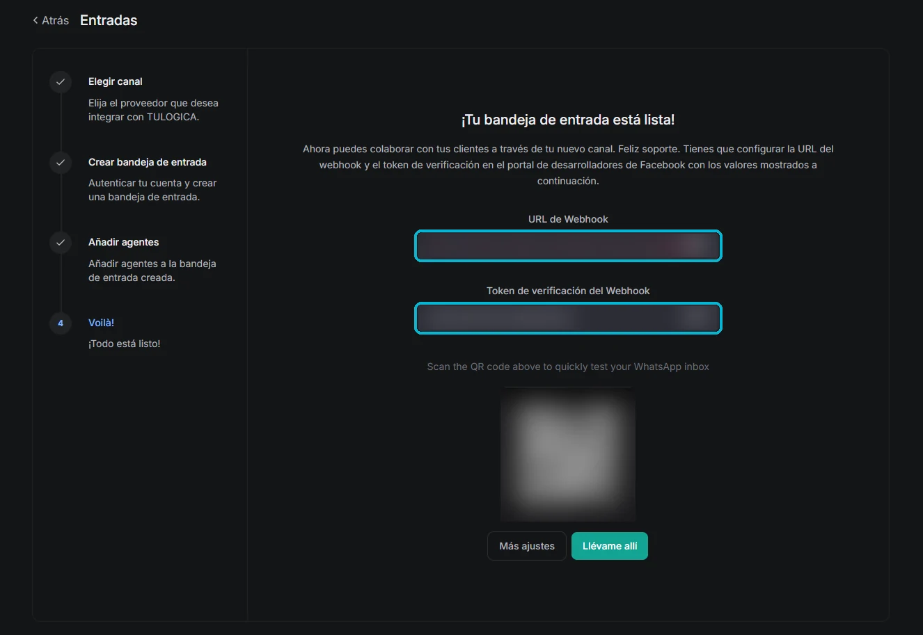 Pantalla de bandeja lista mostrando la URL de webhook y el token de verificación señalados