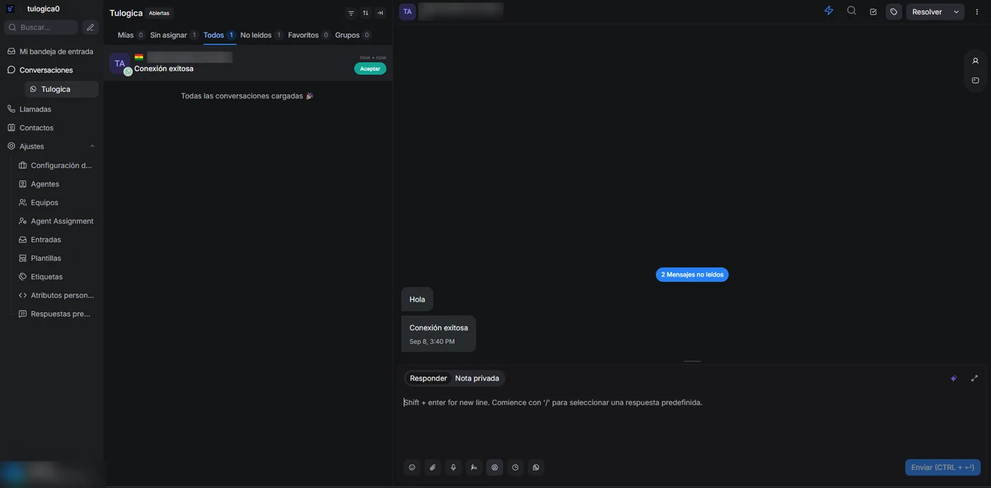 Bandeja de conversaciones con un mensaje de prueba recibido correctamente