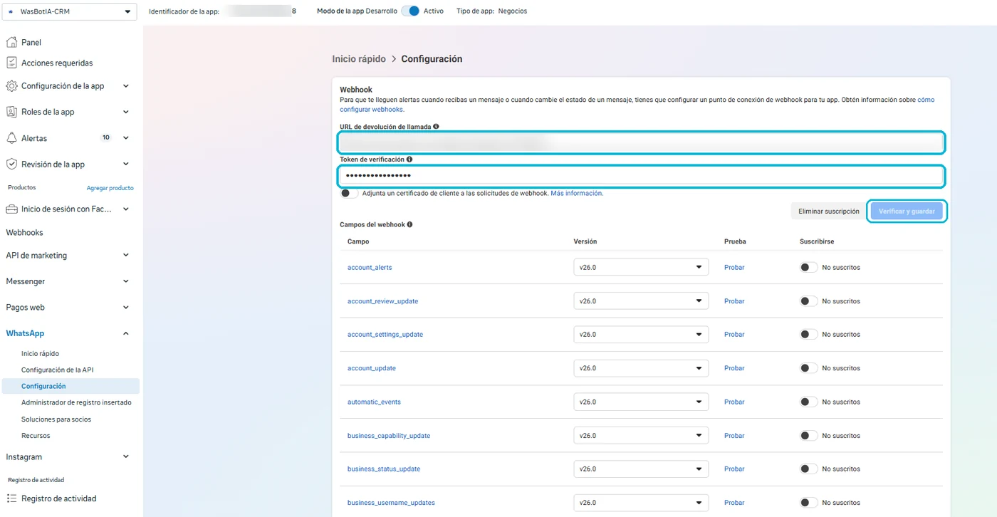 Configuración del webhook en Meta con los campos de URL, token de verificación y el botón de verificar señalados