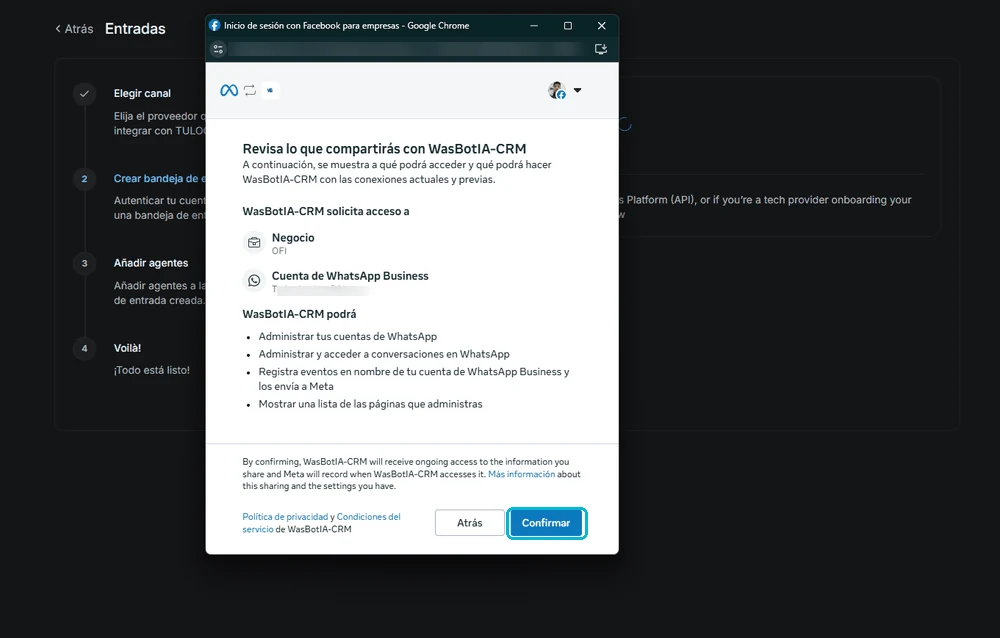 Ventana de Facebook mostrando los permisos solicitados antes de confirmar