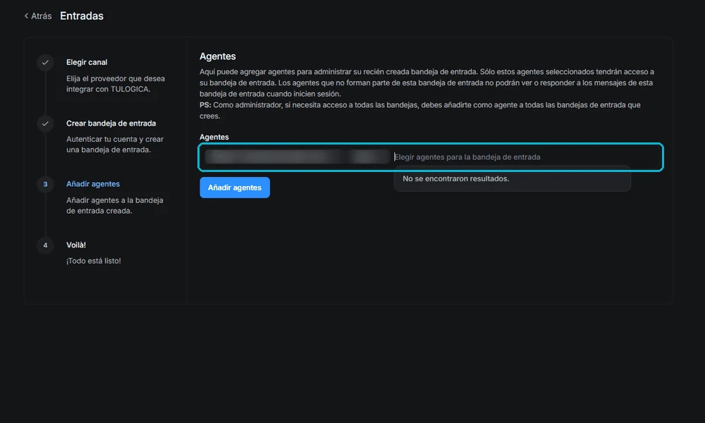Pantalla para agregar agentes a la nueva bandeja de WhatsApp