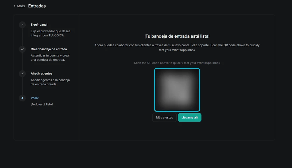 Pantalla final de confirmación, con código QR opcional para probar la bandeja