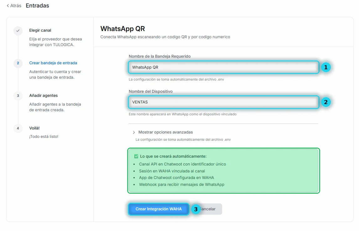 Formulario de WhatsApp QR con los campos de nombre de bandeja y de dispositivo, y el botón para crear la integración