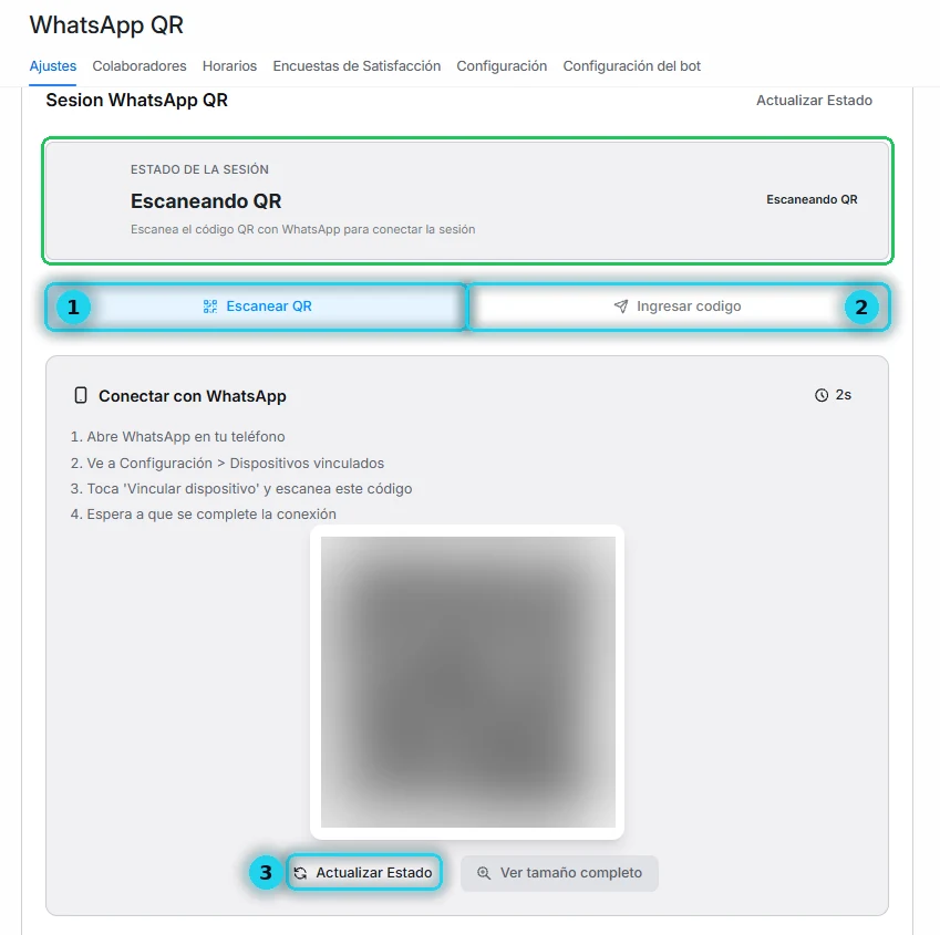Pantalla de sesión de WhatsApp QR en estado Escaneando QR, con las pestañas Escanear QR e Ingresar código