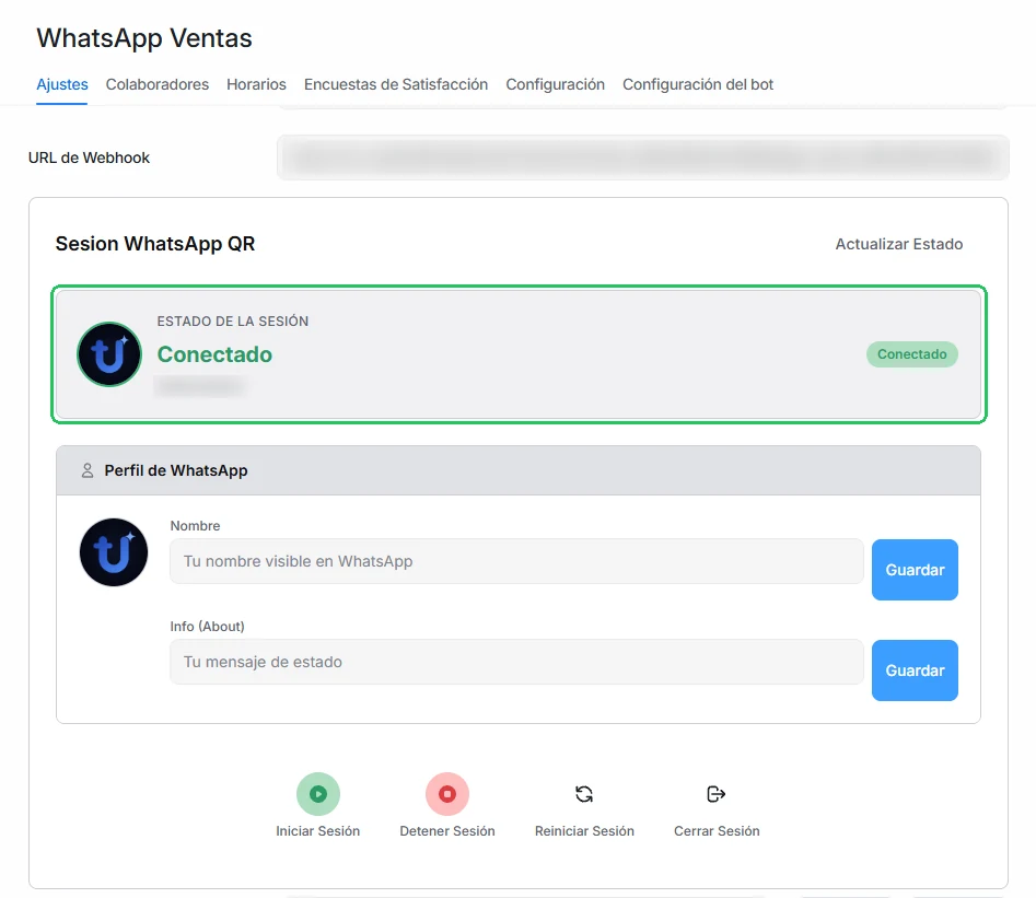 Sesión de WhatsApp QR en estado Conectado, con el número vinculado