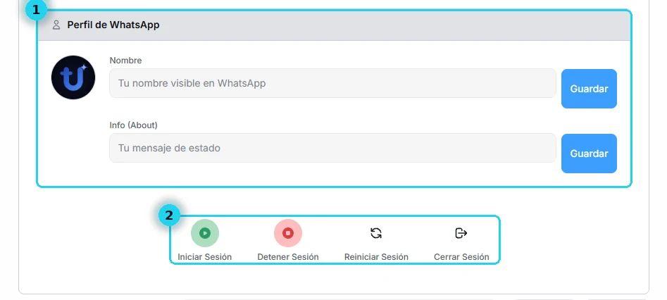 Perfil de WhatsApp con los campos Nombre e Info, y los botones Iniciar, Detener, Reiniciar y Cerrar Sesión
