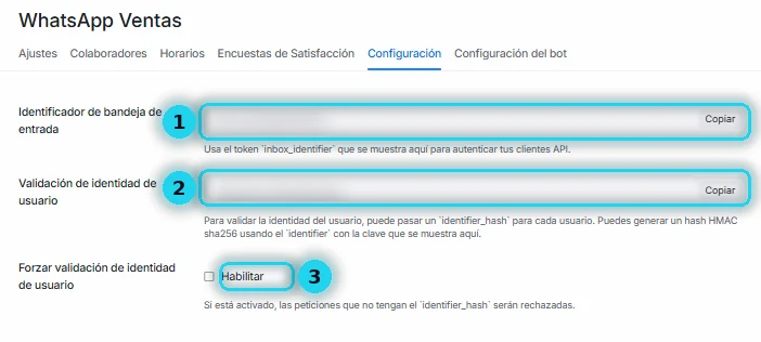 Pestaña Configuración con el identificador de bandeja, la clave de validación y la opción de forzar validación